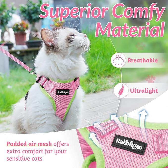 rabbitgoo Cat Harness and Leash for Walking, Escape Proof Soft Adjustable Vest Harnesses for Cats, Easy Control Breathable Reflective Strips Jacket, Green&Pink, S