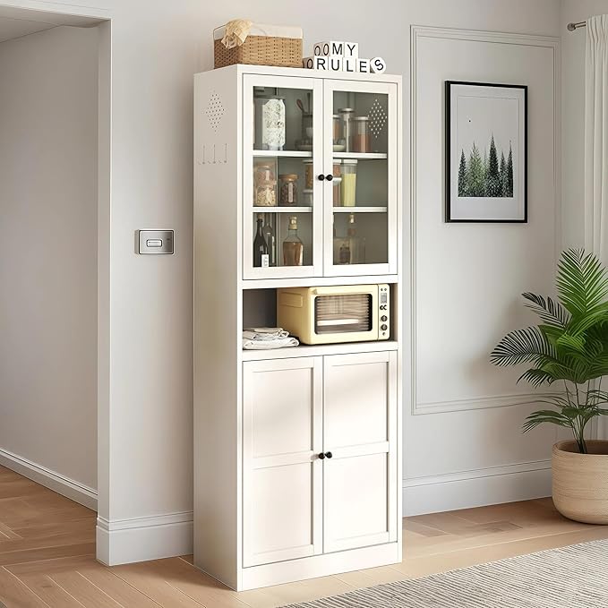 72'' Storage Cabinet, 4 Adjustable Shelves Kitchen Pantry with 2 Glass Doors, Tall White Metal Storage Cabinet with External Hooks, Modern Heavy-Duty Pantry for Kitchen Living Room