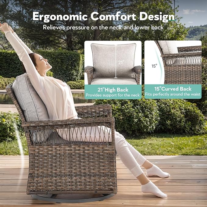 Outdoor Swivel Glider Chairs Set of 2 - Hollow Widen Armrests Wicker Patio Furniture Set, Comfortable High Back Outside Swivel Rocker for Balcony Porch Deck and Yard - Brown/Beige