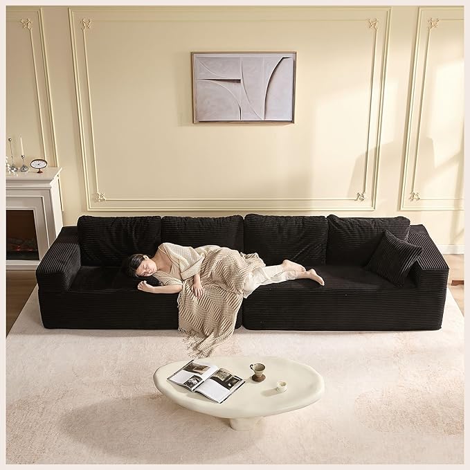 138" Modular Sofa Memory Foam Sectional Couches for Living Room, Sleeper Sofa Bed, Corduroy, Black