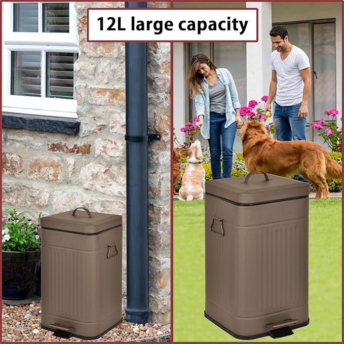 Dog Poop Trash Can with Lid for Outdoors,3.2 Gallon Trash Can with Activated Carbon Filter & Plastic Bags, Pet Waste Container,UP12L-Brown-F+90BK