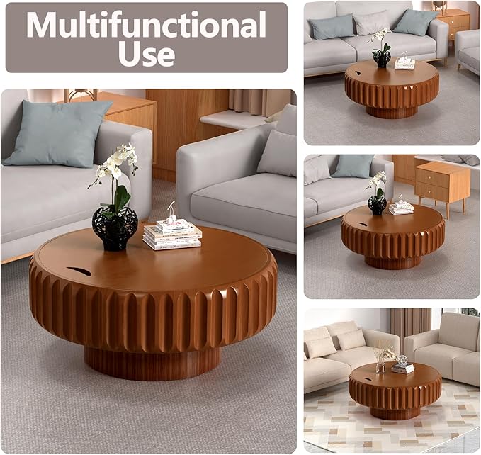 31.5'' Wooden Round Coffee Table with Storage, Modern Luxury Circle Drum Center Tables with Solid Wood Fluted, Accent Round Coffee Table for Living Room Apartment Small Space, Walnut