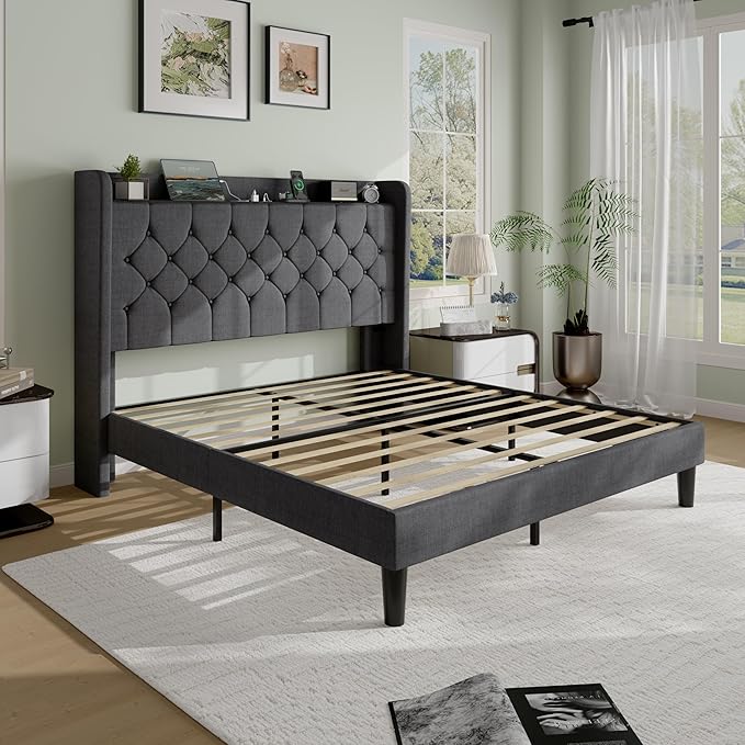 SHA CERLIN Queen Platform Bed Frame with Charging Station, Velvet Wingback Headboard with Storage Shelf, Wooden Slats Support, Ample Under-Bed Space, No Box Spring Needed, Easy Assembly, Dark Grey