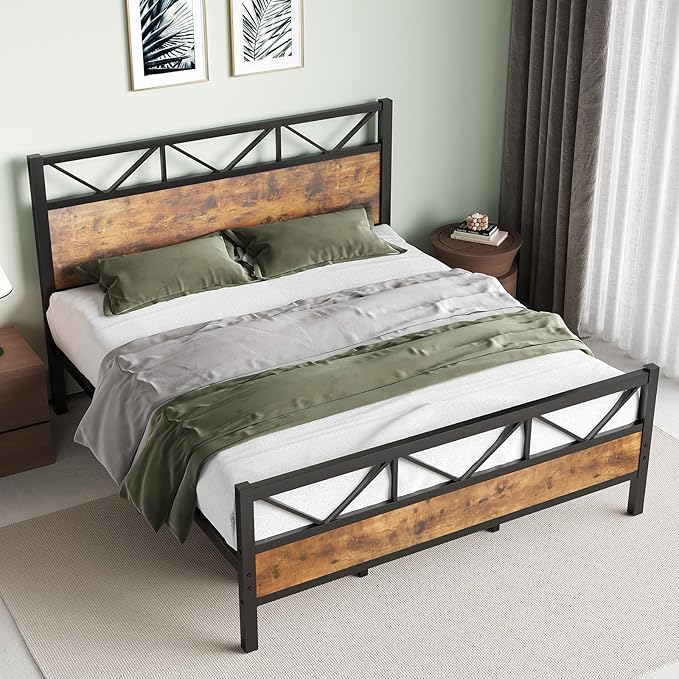 King Size Bed Frame, 51.2" Tall Industrial Headboard, King Platform Bed Frame with Strong Steel Slats Support, Noise Free, No Box Spring Needed, Easy Assembly, Rustic Brown