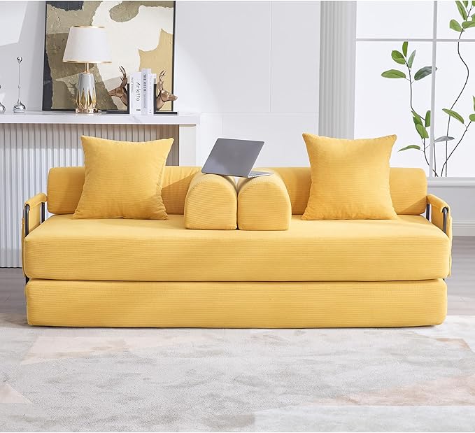 Convertible Sleeper Sofa Bed, Folding Floor Sofa Bed with Fixed-Shape Frame, Corduroy Floor Sleeper Sofa with Storage Pocket, Futon Boneless Sofa Couch for Living Room, Yellow