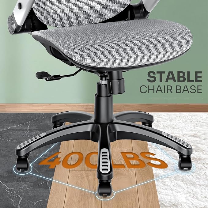 GABRYLLY Ergonomic Office Chair, High Back Home Desk Chair with Headrest, Flip-Up Arms, 90-120° Tilt Lock and Wide Cushion, Big and Tall Mesh Chairs for Man Woman, Grey Task Chair