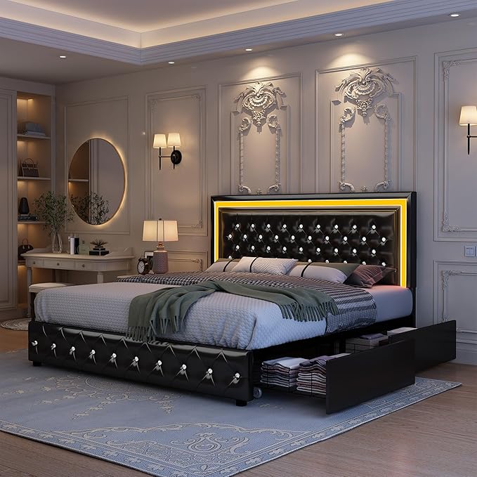 Queen Led Bed Frame with 4 Storage Drawers, Bed Frame with Led Lights, No Box Spring Needed, 900 lbs Capacity, Easy Assembly, PU Black
