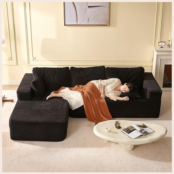 107" Boneless Couch with Deep Seat, Modular Sectional Sofa, Cloud Sectional Couch for Living Room, No Assembly Required, Corduroy, L-Shape Left?Black