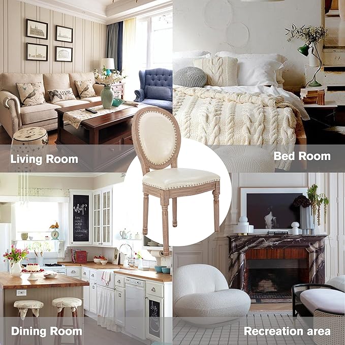 Nrizc French Dining Chairs Set of 6, French Country Dining Chair, Vintage Farmhouse Dining Chairs with Round Back, Solid Wood Beige Fabric Dining Room Chairs, for Kitchen, Bedroom, Dining Room