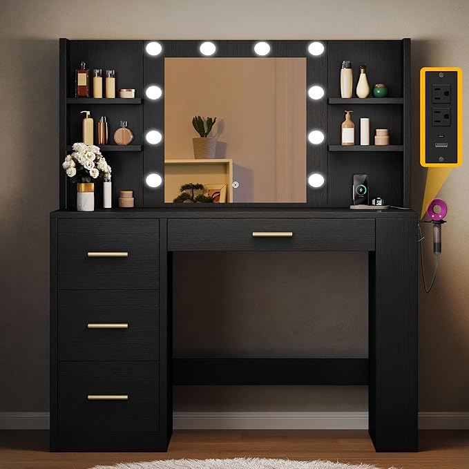 DWVO Vanity Desk with Mirror, Power Outlet and 10 Lights, Big Vanity Makeup Table with 4 Drawers and 8 Open Storage Shelves, 3 Color Modes Adjustable Brightness for Bedroom, Black