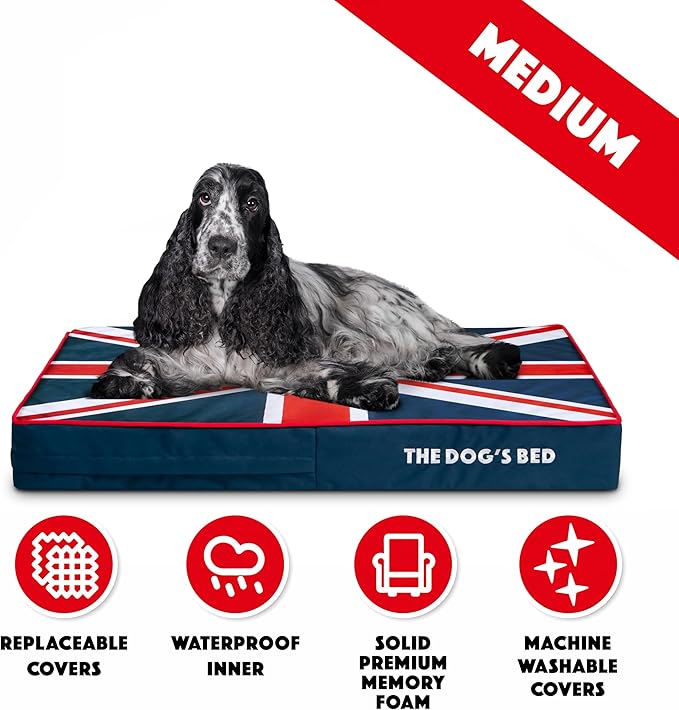 The Dog’s Bed Orthopedic Memory Foam Dog Bed, Medium Blue & Red Trim UK Center Flag 34x22, Pain Relief for Arthritis, Hip & Elbow Dysplasia, Post Surgery, Supportive, Calming, Waterproof Washable