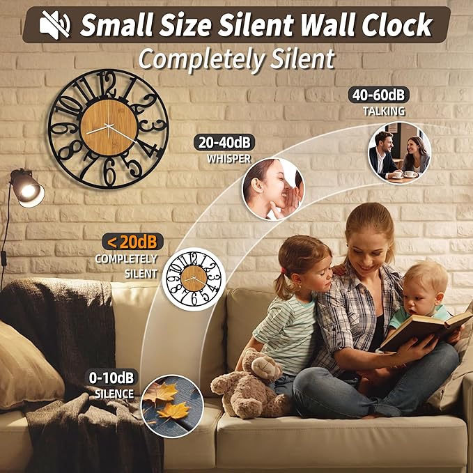 Maxstar Wall Clock Battery Operated,Silent Non-Ticking Modern Rustic Metal Round Clocks Small for Living Room/Bedroom/Office/Kitchen/Farmhouse Home Decor-16 Inch(Yellow-Wood)