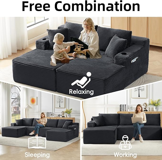 134 Inch Cloud Sectional Couch for Living Room,Corduroy Boneless Couches with Cup Holder,Modern Modular Sectional Sofa with Deep Seat,No Assembly Required (Dark Gray, U-Shaped Sofa)