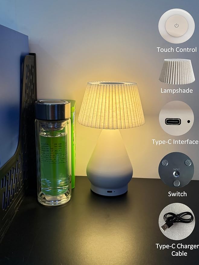 Modern Cordless Table Lamp Rechargeable, Portable LED Desk Lamp,Touch Control 3 Colors Stepless Dimming with Pleated Lampshade for Restaurant, Bedroom,Outdoor Camping, Night Light (White)