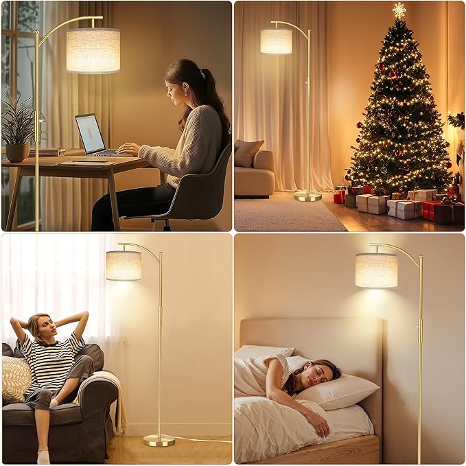 Dimmable Floor Lamp, Arc Floor Lamps for Living Room, Stepless Dimming Modern Standing Lamp with Linen Shade, Tall Lamp for Bedroom Office Dining Room- Brushed Gold