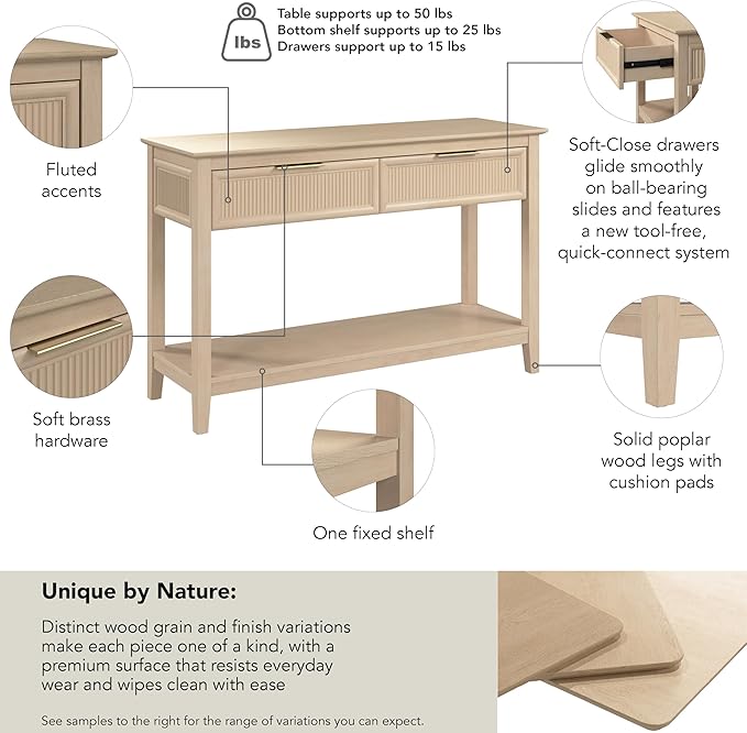 Bush Home Fluted Console Table with Drawers, Living Room Furniture, Camille Collection, Natural Birch Beige