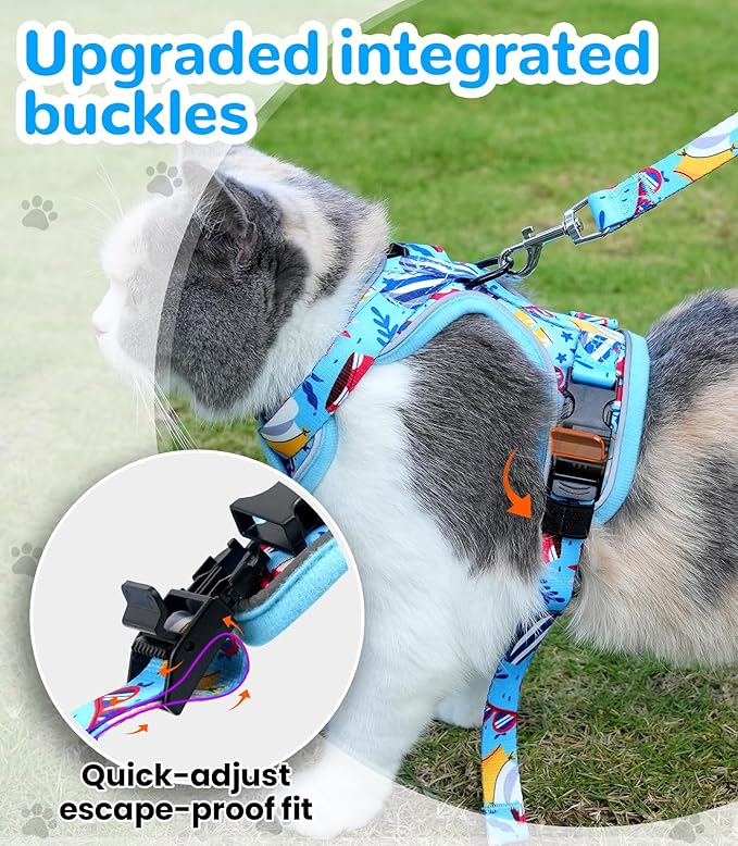 Halypet Cat Harness and Leash Set for Walking, Escape Proof Adjustable Vest Harness with 3-in-1 Integrated Buckles, Easy Control Soft Breathable Mesh with Reflective Strips for Cats, XS, Azure Blue