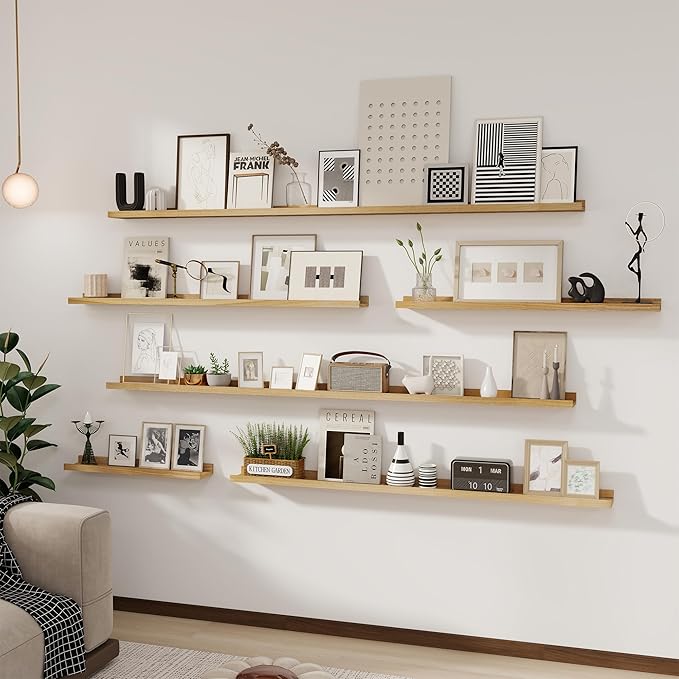 Solid Ash Wood Picture Ledge Shelf, 36 Inch Floating Shelves with Lip Set of 2, Photo Ledge Shelf Nursery Bookshelf Wall Mounted for Living Room Bedroom Decor, Natural