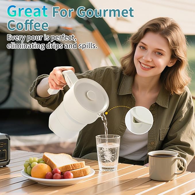 Travel Electric Kettle-Collapsible Portable Electric Kettle, 600W Foldable Small Water Boiler with 4-Temp Presets, Food Grade Silicone for Hotel, Office, Camping (Beige, 600mL)
