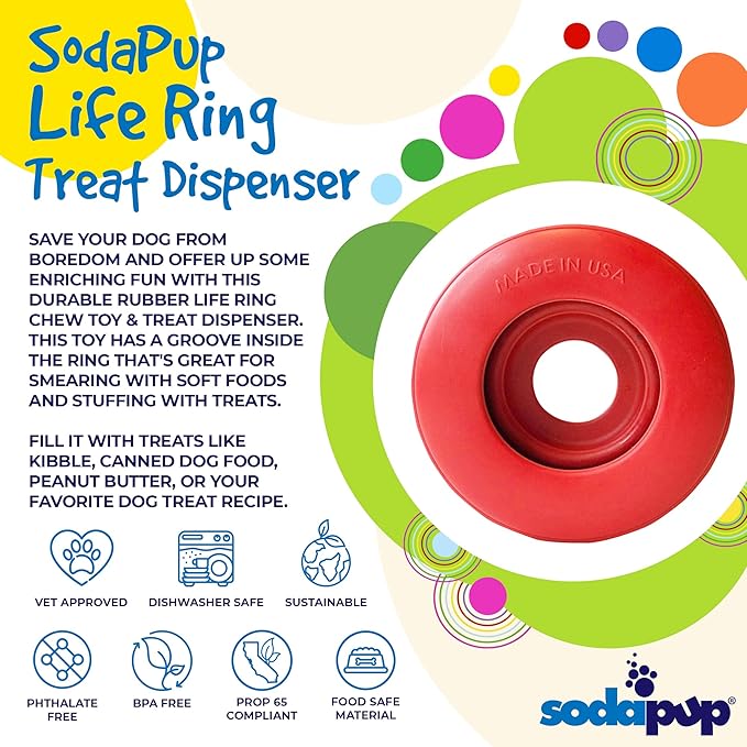 SodaPup Life Ring – Durable Dog Treat Dispenser & Chew Toy Made in USA from Non-Toxic, Pet Safe, Food Safe Natural Rubber Material for Mental Stimulation, Problem Chewing, Calming Nerves, & More