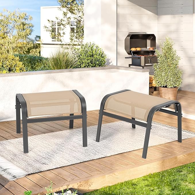 ONBRILL Outdoor Ottoman Set of 2, All Weather Outdoor Foot Stool with Supportive Textliene and Metal Frame, Stackable Oversized Outdoor Foot Rest for Furniture Patio Garden Pool, Beige