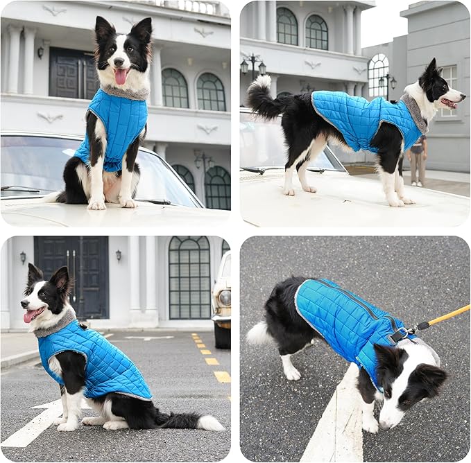 Warm Fleece Dog Coats with Durable Harness Buitl in D-Ring,Waterproof Doggie Jacket for Large Dogs,Dog Vest for Cold Winter,Light Blue XXXL