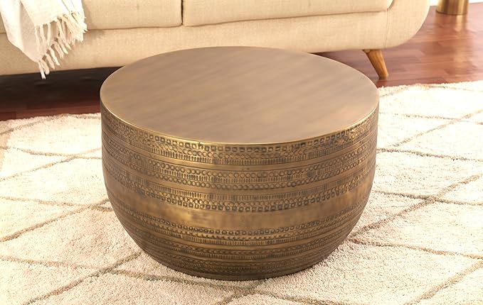 Modern Round Aluminum Hammered Embossed Texturing Metal Drum Coffee Table, Hand-Stamped Iron, Boho Accent Cylinder Drum Coffee Table, Cocktail Table, for The Living Room and Bedroom, Brass