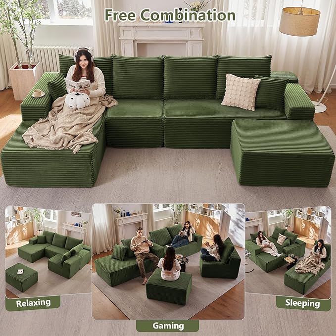 135" L-Shape Sofa with Ottoman, Modern Modular Sectional Comfy U-Shape Cloud Couch, Deep Seat, Upholstered Corduroy Sleeper Chaise Longue for Living Room Bedroom, No Assembly Required, Green