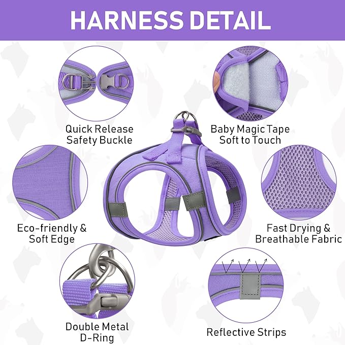 GAMUDA Small Pet Harness Collar and Leash Set, Step in No Chock No Pull Linen Fabric Soft Mesh Dog Vest Harnesses Reflective for Dogs Puppy Cats Kitten Rabbit (Purple, M)