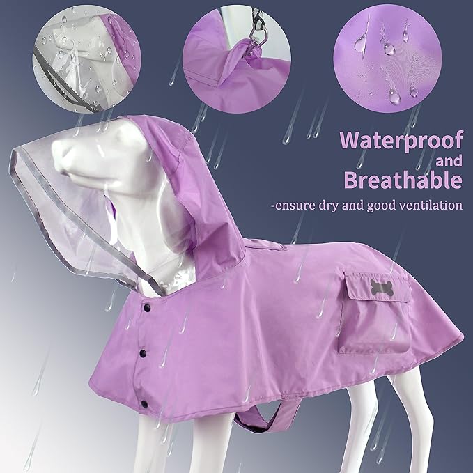 Waterproof Dog Raincoat, Adjustable Reflective Lightweight Pet Rain Clothes with Poncho Hood(X-Small, Light Purple)