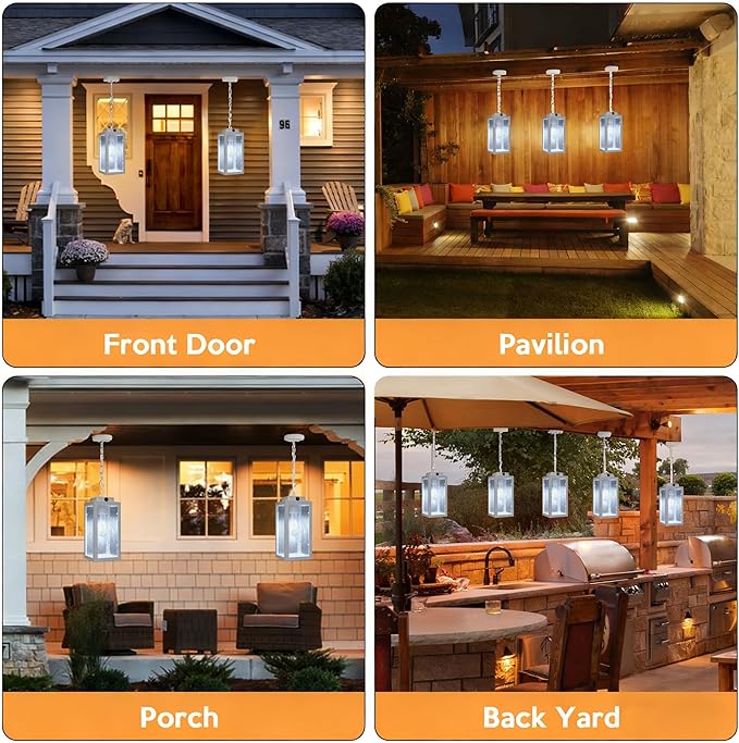 Outdoor Pendant Light Dusk to Dawn, 11'' Porch lights Outdoor Chandelier Hanging Ceiling Lights, White Aluminum Lightshade with Tempered Glass, Exterior Lighting Fixture for Porch Yard, Gazebo, 1 Pack