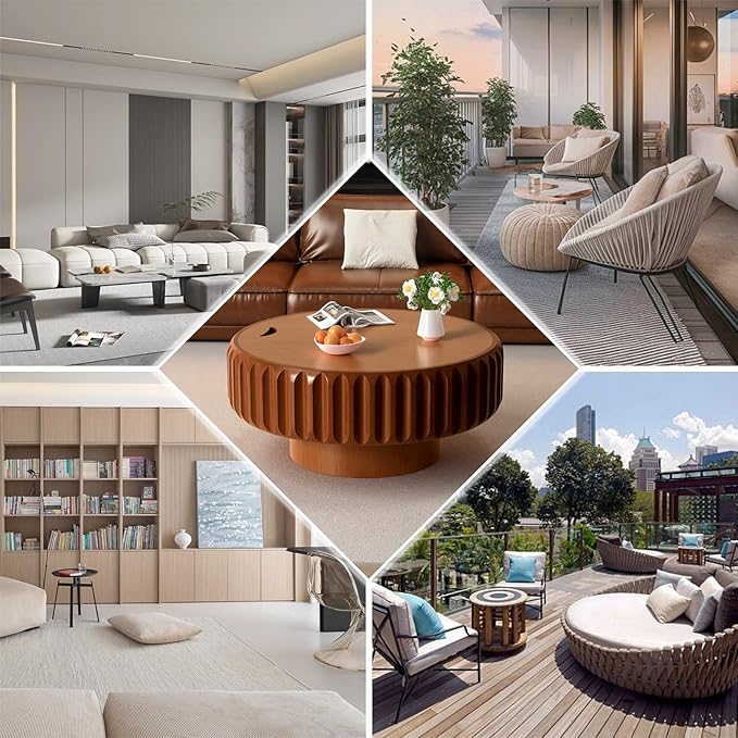 Round Coffee Table with Storage for Living Room, Handcraft Fluted Drum Coffee Table Modern Circle Wooden Coffee Table Cocktail Table for Home Office Apartment (Brown 31.5")