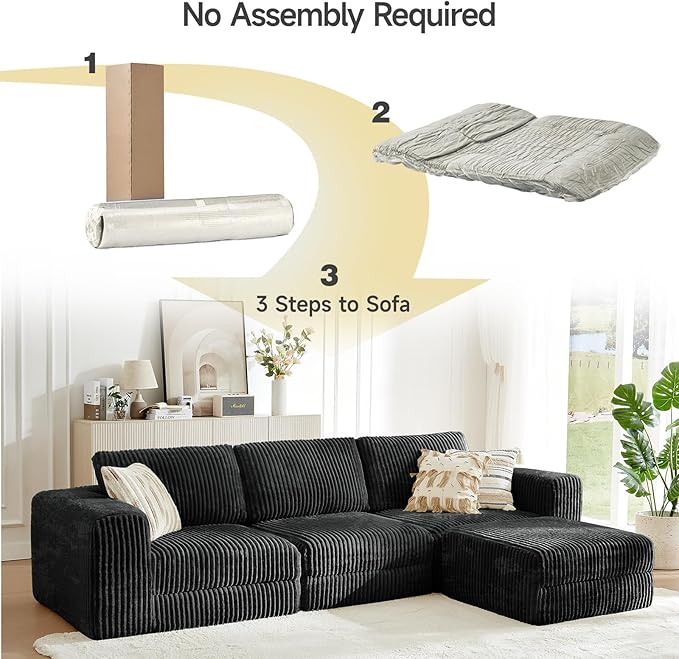 ONBRILL 110" Modular Sectional Sofa,L Shaped Couch 4 Seater with Sleeper Chaise, Sectional Couch with Deep Seat,Upholstered Corduroy Cloud Couches for Living Room,Bedroom,No Assembly Required,Black