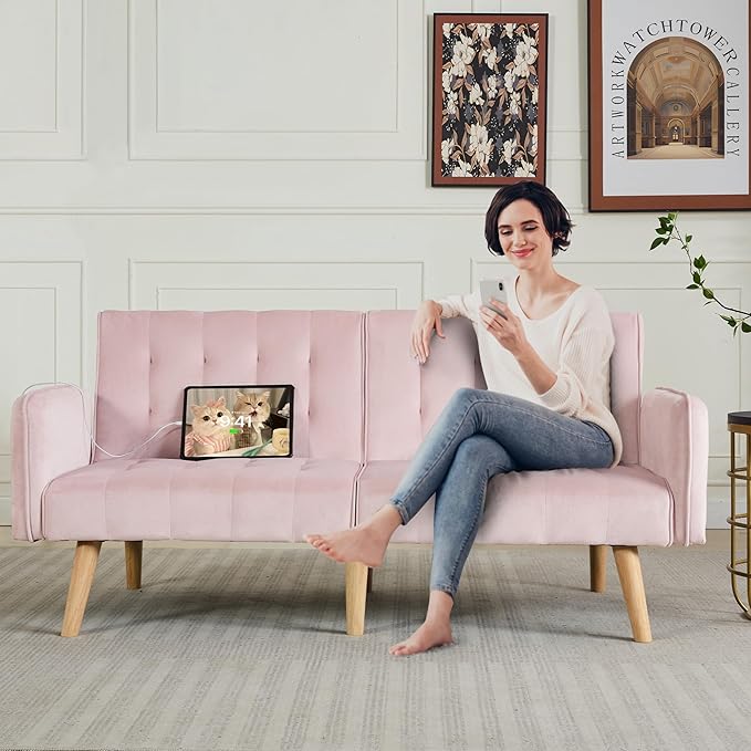 TYBOATLE 65" W Velvet Modern Convertible Folding Futon Couch Sofa Bed w/ 2 USB Charging Ports and arms, Loveseat for Compact Living Space, Dorm, Game Studio, Bonus Room, Apartment, Bedroom (Pink)