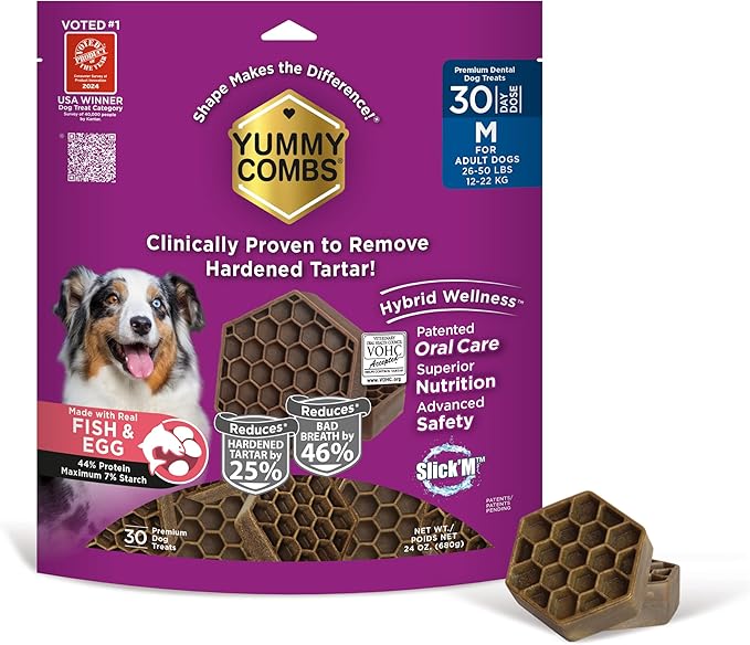Yummy Combs Dog Dental Treats – Fish & Egg Protein – Vet VOHC Approved, Removes Tartar – A Daily Teeth Cleaning Treat for Medium Dogs (30 Count)