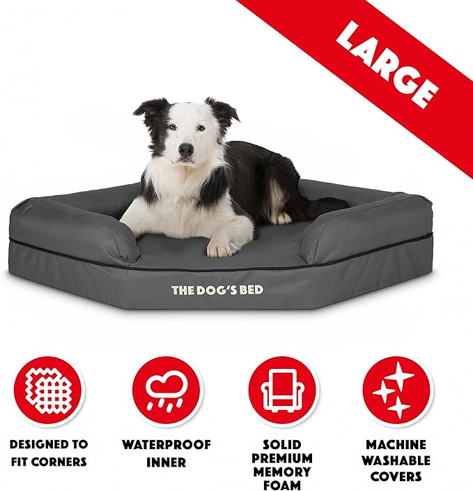 The Dog’s Bed Memory Foam Waterproof Corner Dog Bed, Large, Grey & Black Trim, Eases Pet Arthritis & Hip Dysplasia Pain, Therapeutic & Supportive, Washable Oxford Fabric Cover