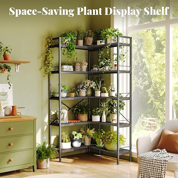 Huuger 5 Tier Bookshelf, L Shaped Corner Bookshelf with 10 Open Shelves, 49.4 Inch Straight Wide Bookcase with Metal Frame and Wooden Board, Adjustable Feet, Grey