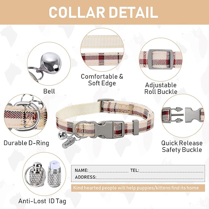 GAMUDA Small Dog Harness Collar and Leash Set, Step in No Chock No Pull Soft Mesh Adjustable Dog Vest Harnesses Plaid Reflective for Dogs Puppy Cats Kitten Rabbit (Warm Beige, S)
