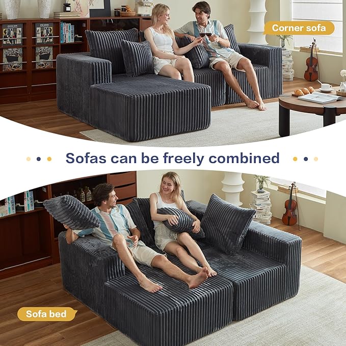 Boneless Couch, Memory Foam Couch in a Box, 100.7" Modular Sectional Couches Corduroy Fabric, Modern Sofa with Deep Seat, Compressed Sofa for Living Room, Bedroom (Grey, Right Facing Chaise)