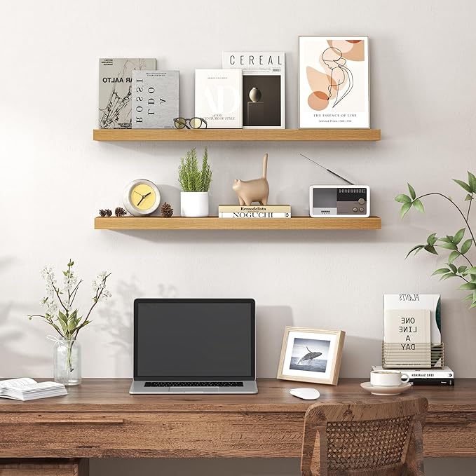 Heimlove Floating Shelves for Wall 32 Inch,Mounted Storage Wood Shelves with Invisible Brackets Hanging Shelf for Bedroom Living Room Kitchen Office,Set of 2,Oak Color
