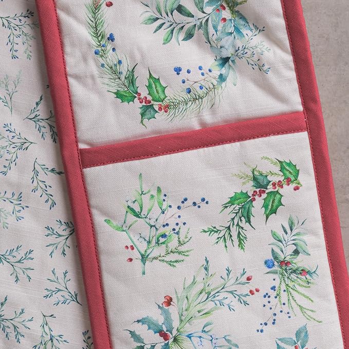 Maison d' Hermine Double Oven Mitt (7" x 35") 100% Cotton Heat Resistant BBQ Cooking Gloves with Loop for Thanksgiving Christmas Decorations Baking Cooking Barbeque Handling Hot Pan (Holly Time)