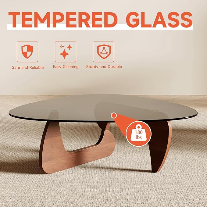 Modern Coffee Table for Living Room and Small Spaces, 43.3" x 29.5" x 15.8" Triangle Tempered Glass Table Top and Eco-Friendly MDF Base, Walnut