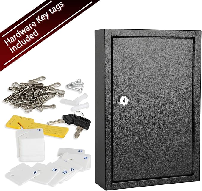 KYODOLED Key Storage Lock Box Wall Mount, Locking 40 Key Cabinet Holder Box with Key Lock, Hooks & Labels for Home, Office, Commercial Management, 2.5" D x 8.1" W x 12.1" H, Black