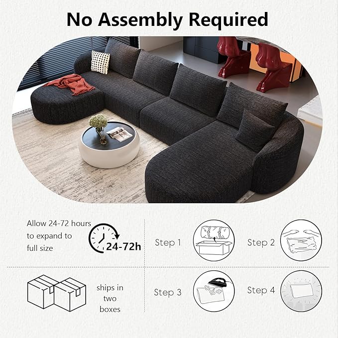 138.6" Modular Sectional Couches Luxury Modern Curved Back U-Shape Sofa Set with Ottoman,Minimalist Comfy Boneless Cloud Couch for Living Room Apartment,(Right Facing Chaise,Black)