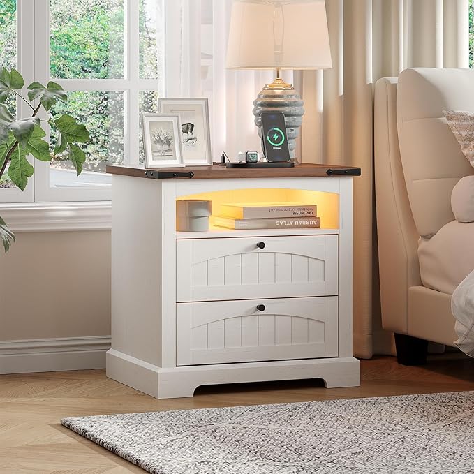 Vabches Nightstand with Charging Station, Vintage End Table with 2 Drawers, Wood Rustic Sofa Side Table with Open Storage Shelf for Bedroom, Living Room