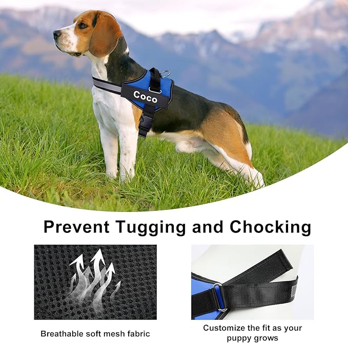 Custom No Pull Dog Harness with Name and Phone Number, Reflective Heavy Duty Personalized Pet Vest, Breathable Adjustable Harness to Prevent Tugging, Pulling or Choking