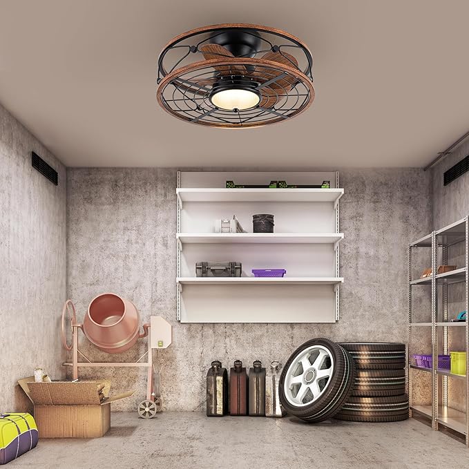 TIFEROR 20'' Low Profile Ceiling Fans With Light, Flush Mount Caged Ceiling Fan With Remote Control, Reversible Motor With Low Noise And Energy Efficient, 3 Color LED