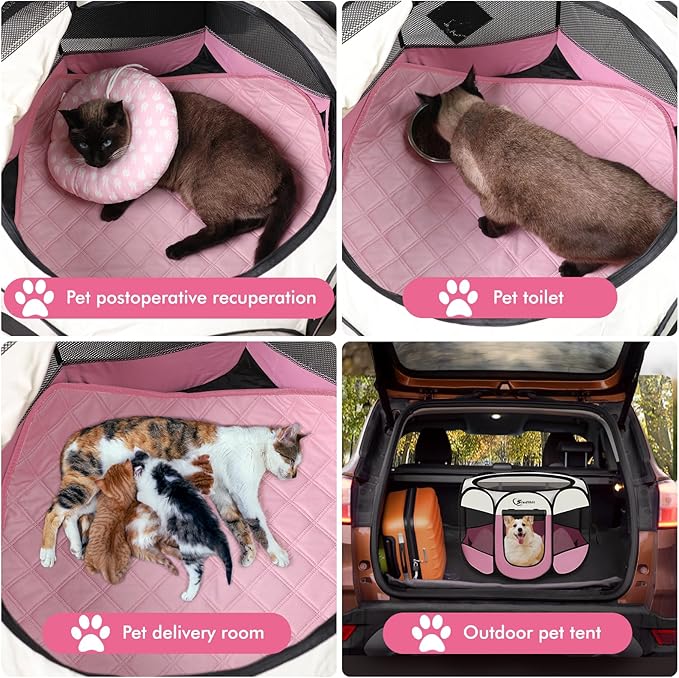 Pink Puppy Playpen for Middle Dog Cat, Dogs Tent Crate Cage Indoor/Outdoor, Portable Pop Up Dog Kennel with Carrying Bag for Rabbits, Removable Top (Pink with Pad, Medium (36" x 36" x 23"))