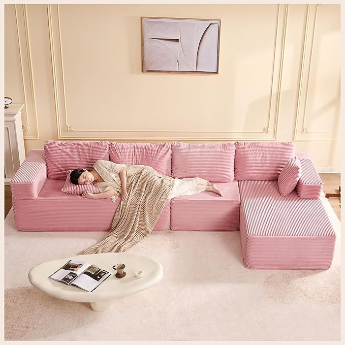 138" Boneless Couch with Deep Seat, Modular Sectional Sofa, Cloud Sectional Couch for Living Room, No Assembly Required, Corduroy, 4 Seater L-Shape Right, Pink