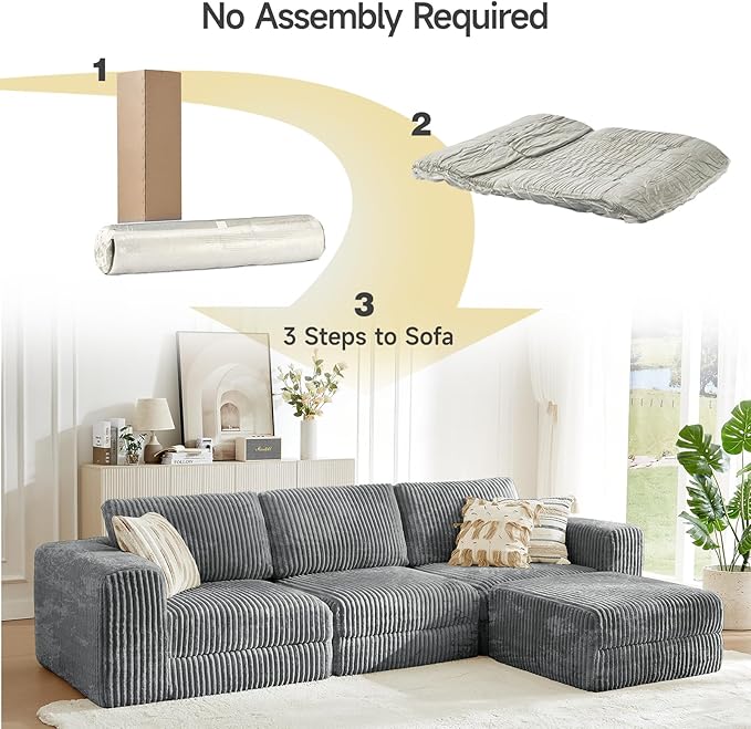 ONBRILL 110" Modular Sectional Sofa, L Shaped Couch 4 Seater with Sleeper Chaise, Sectional Couch with Deep Seat,Upholstered Corduroy Cloud Couches for Living Room,Bedroom,No Assembly Required,Grey